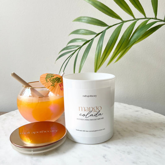 mango candle with a wooden wick