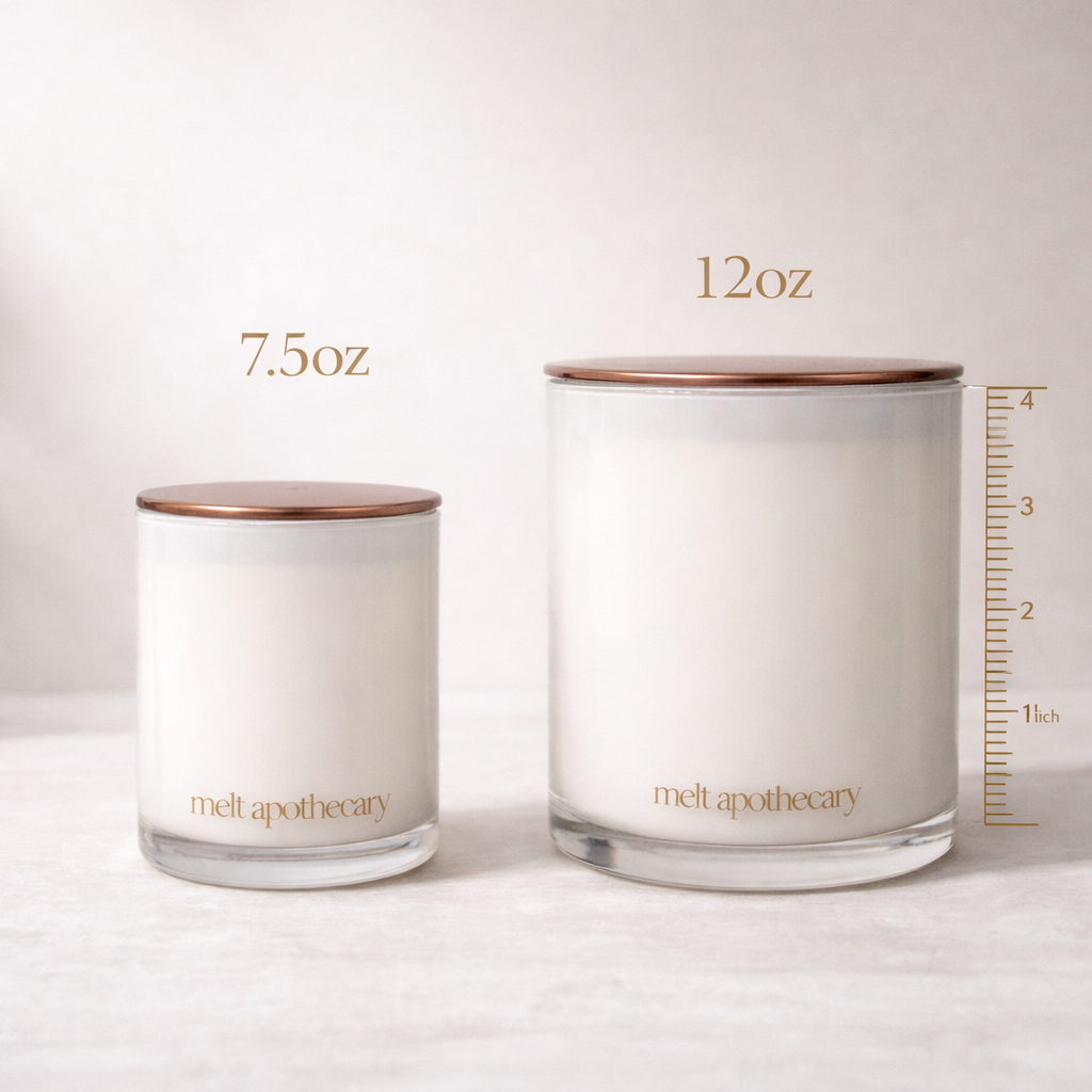 Two candles from melt apothecary with labeled weights and a measurement scale on a light background.