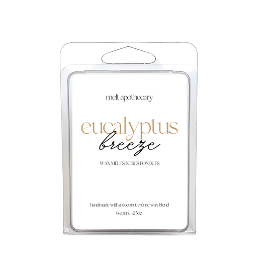 Packaged wax melts with 'eucalyptus breeze' scent on a white background