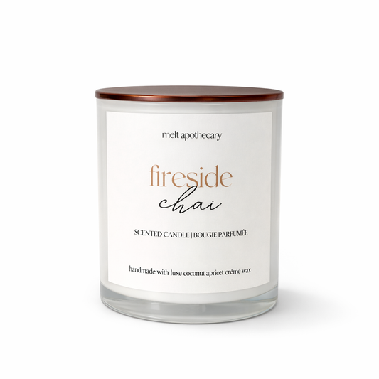 Scented candle labeled 'fireside chai' by Melt Apothecary on a white background