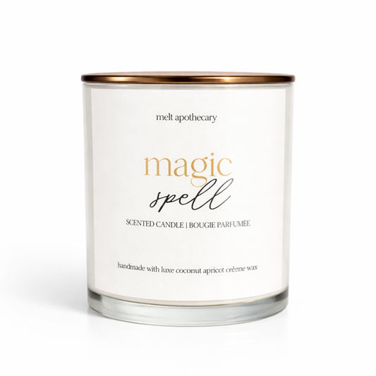 Candle with 'magic spell' label on a white background