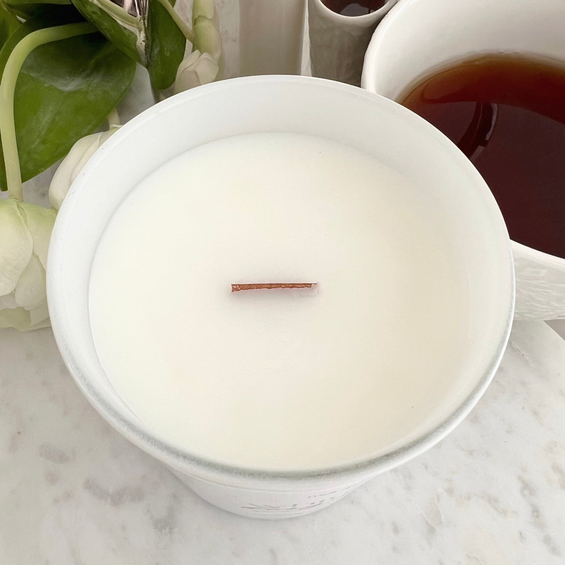 arial shot of wooden wick candle 