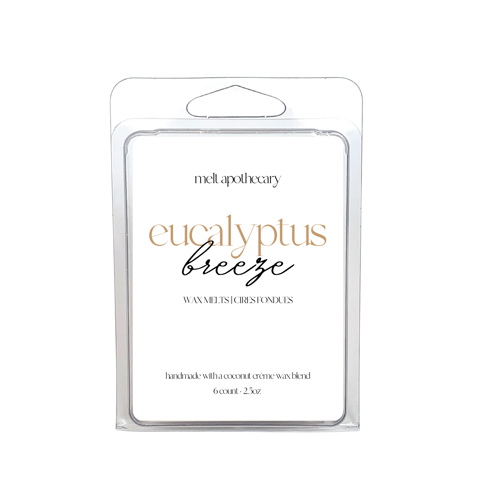 A retail blister pack of melt apothecary 'eucalyptus breeze' wax melts on a solid white background.
