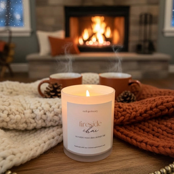 Candle labeled fireside chai on a table with a fireplace and cozy blankets in the background