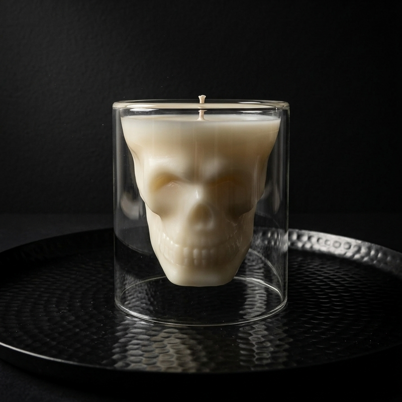 An off-white skull-shaped candle housed in a clear glass cylinder, set on a black textured tray against a dark background.