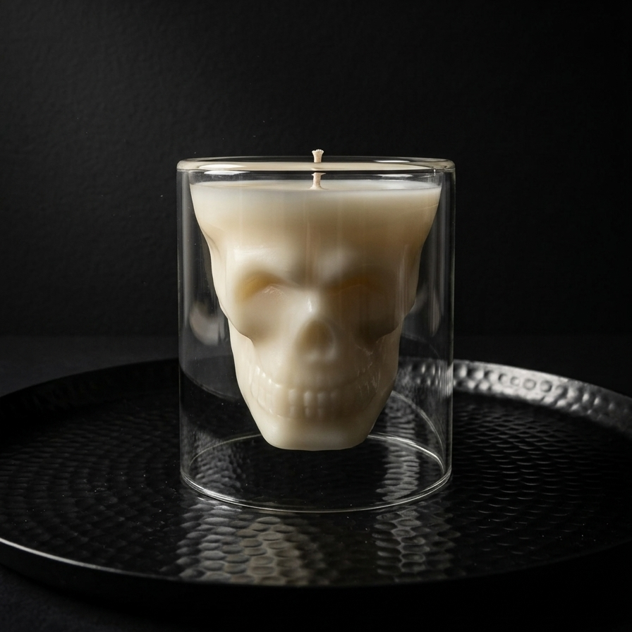 An off-white skull-shaped candle housed in a clear glass cylinder, set on a black textured tray against a dark background.