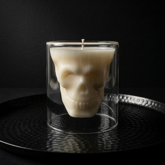 An off-white skull-shaped candle housed in a clear glass cylinder, set on a black textured tray against a dark background.