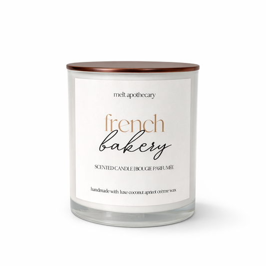 Scented candle labeled 'French Bakery' by Melt Apothecary on a white background