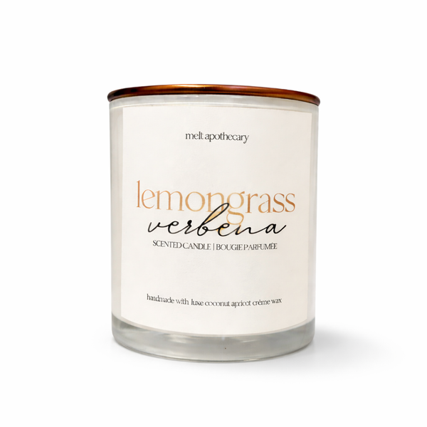 Scented candle labeled 'lemongrass verbena' by Melt Apothecary on a white background