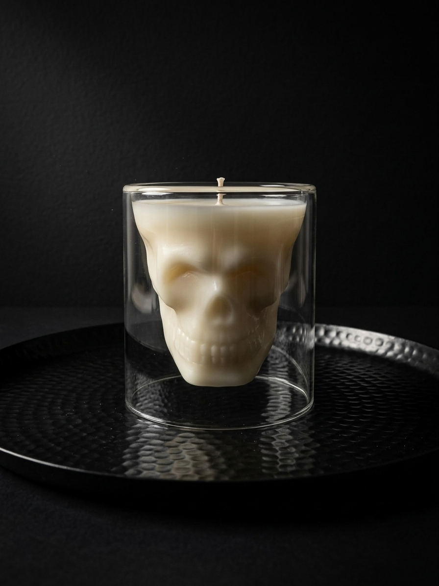 An off-white skull-shaped candle housed in a clear glass cylinder, set on a black textured tray against a dark background.