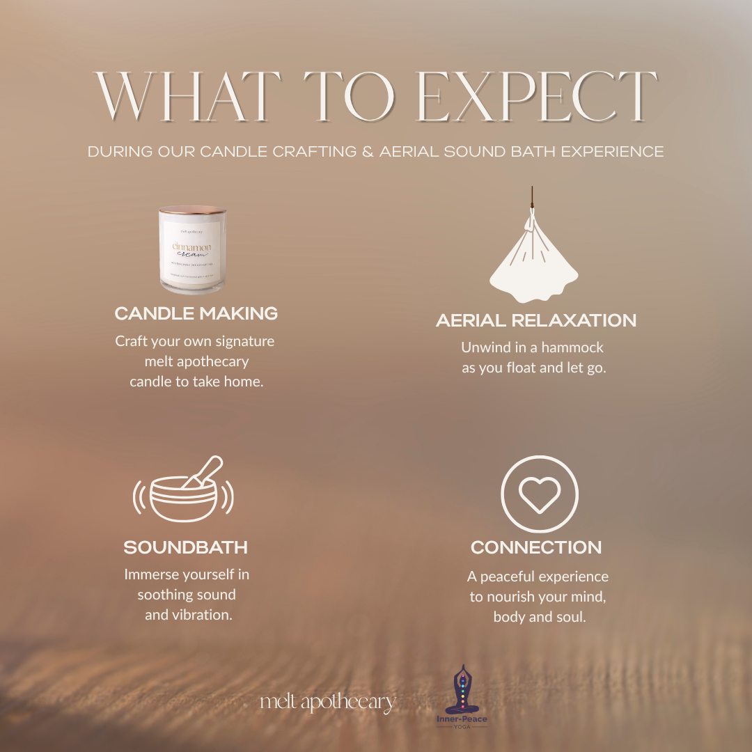 An informational graphic with the heading 'WHAT TO EXPECT DURING OUR CANDLE CRAFTING & AERIAL SOUND BATH EXPERIENCE' on a warm beige-brown gradient background. Four service modules are listed with icons and short descriptions: Candle Making, Aerial Relaxation, Soundbath, and Connection.